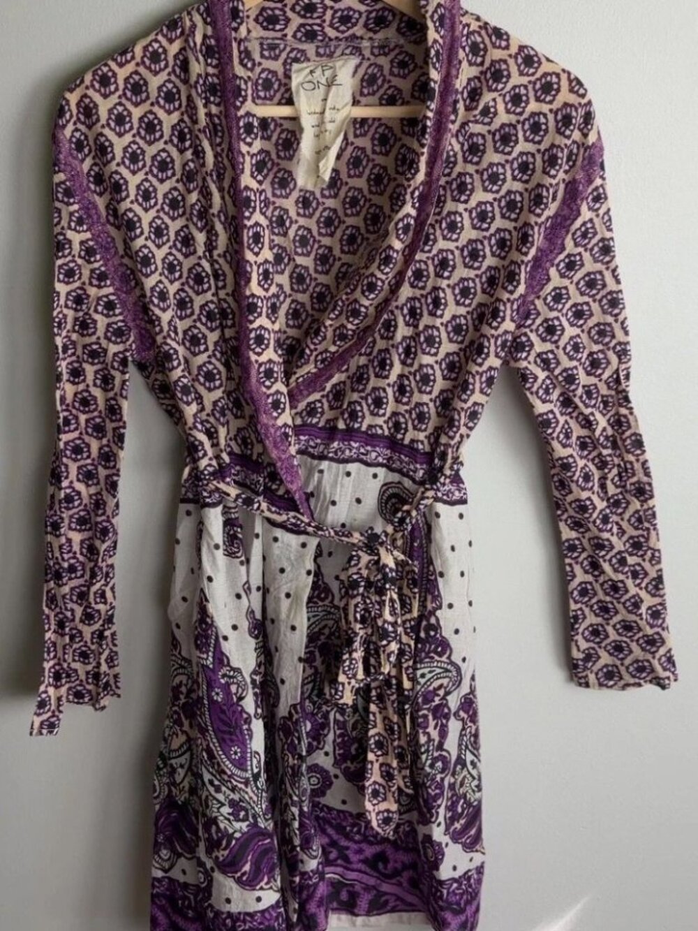 Free People FP One Wrap Tunic Dress Purple Paisley Cotton Boho Size Small Womens